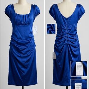 Suzi Chin for Maggy Boutique Cobalt Blue Satin Ruched Midi Dress